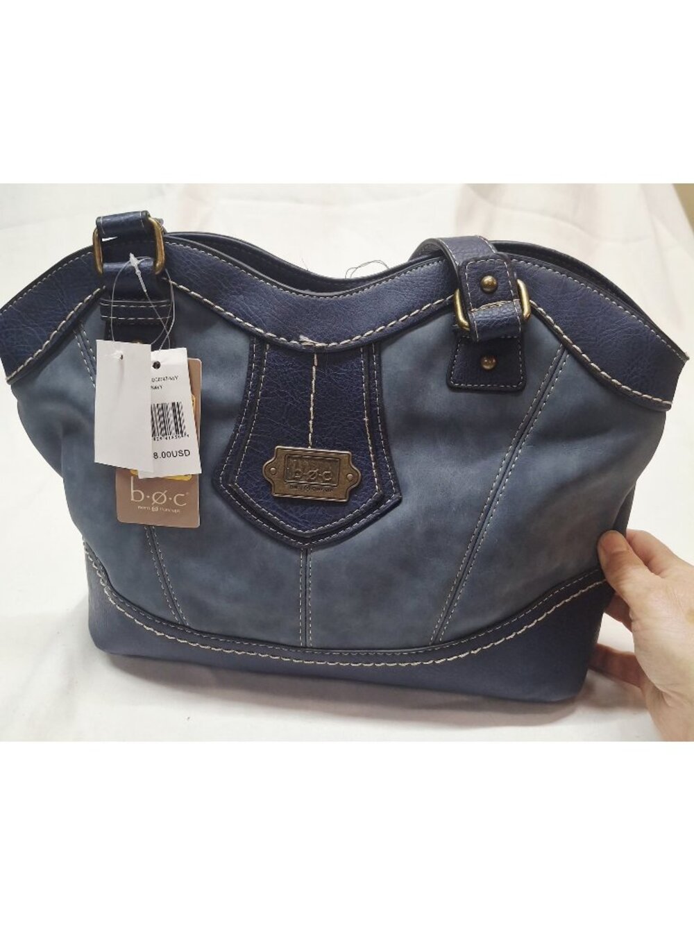 NEW B.O.C Navy Blue Faux Leather Shoulder Bag With Stitch Detailing & Multiple C